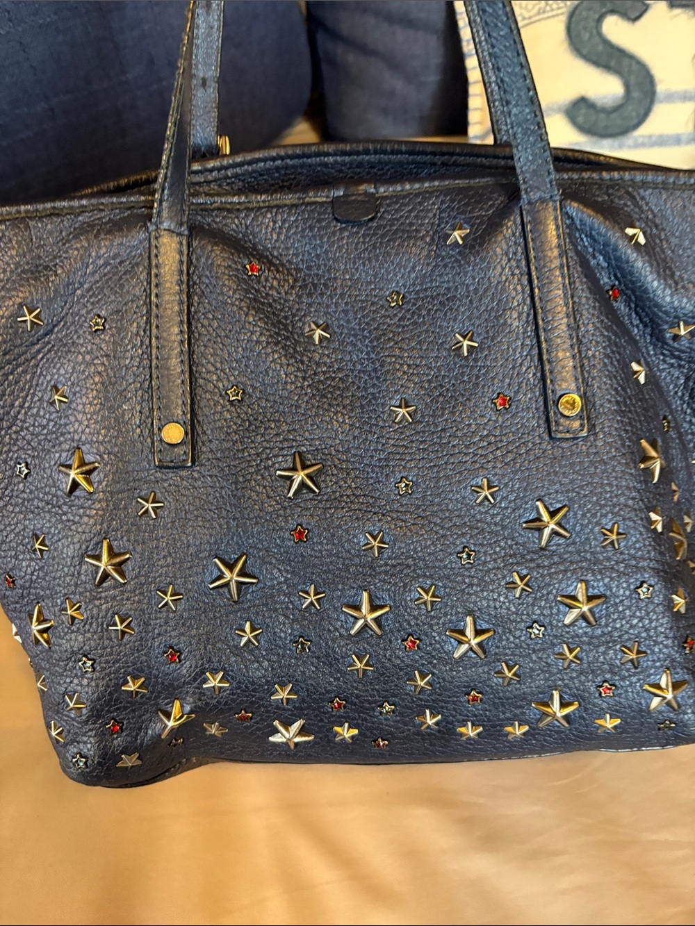 RARE Jimmy Choo Pebbled Navy Leather StarStud Shoulder Bag Red Jewel Star accent - Picture 4 of 16